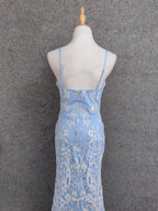 Elegant Light Blue Square Neck Spaghetti Strap Mermaid Sequin Tulle Long Formal Prom Dress