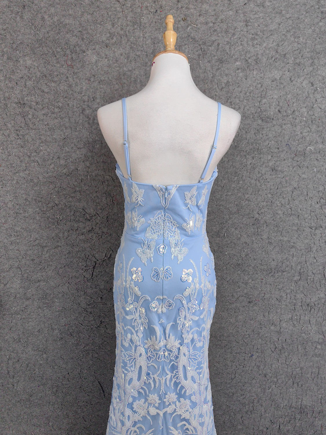 Elegant Light Blue Square Neck Spaghetti Strap Mermaid Sequin Tulle Long Formal Prom Dress