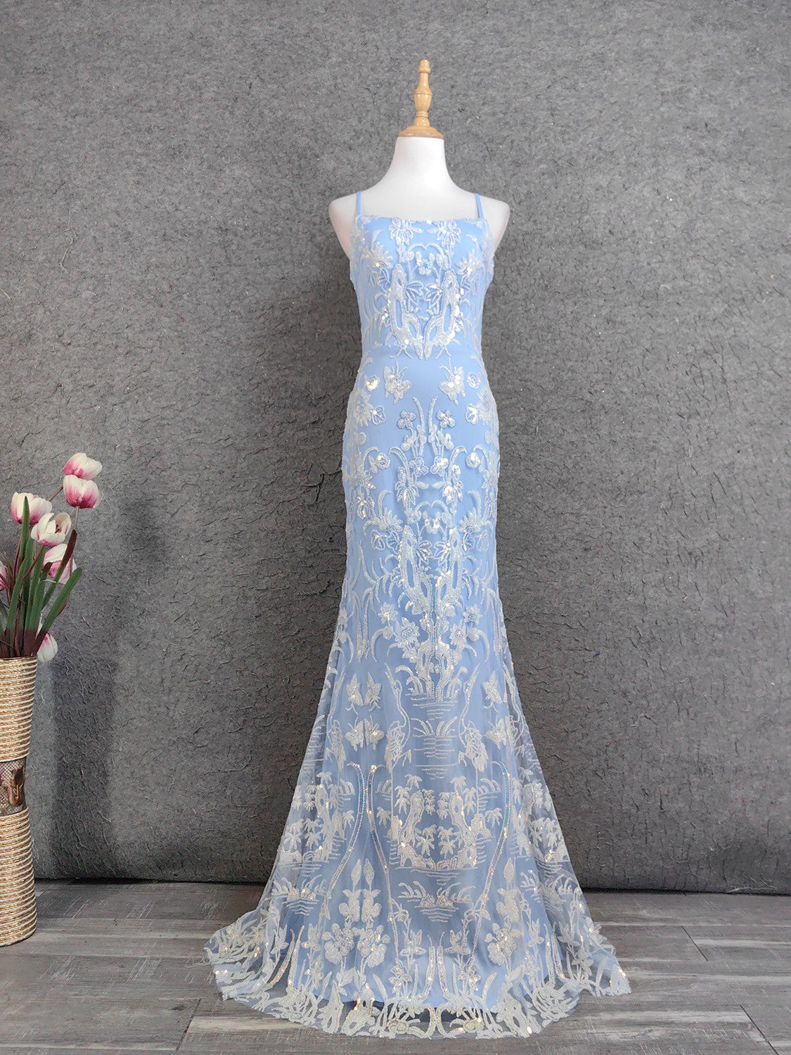 Elegant Light Blue Square Neck Spaghetti Strap Mermaid Sequin Tulle Long Formal Prom Dress Main image
