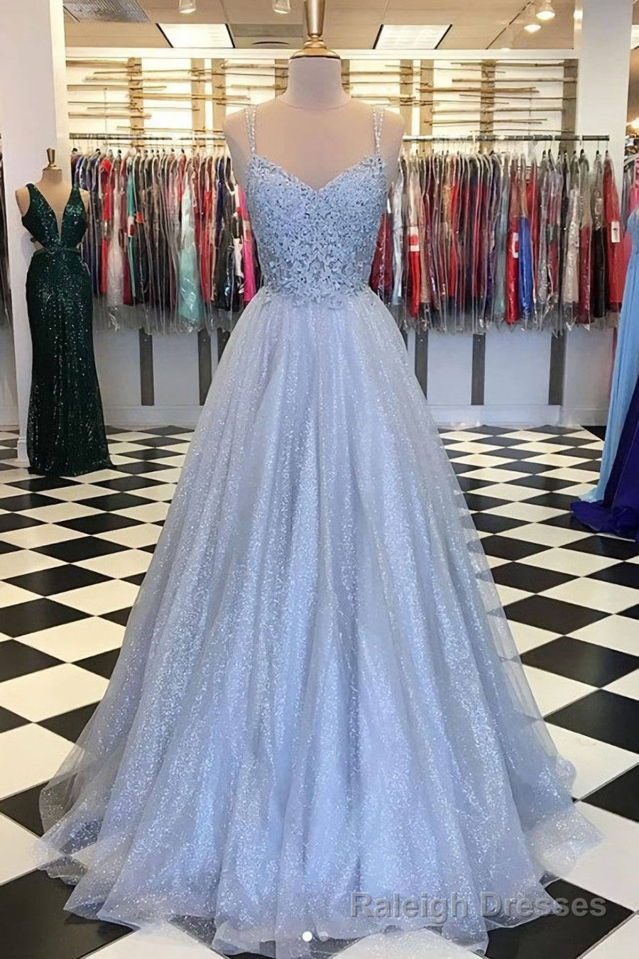 Elegant Light Blue Tulle V-neck Spaghetti Straps Lace Long Prom Dresses Main image