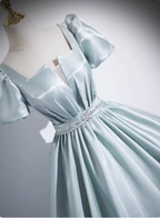 Elegant Light Cyan Square Neck Short Sleeve Satin Long Formal Prom Dress