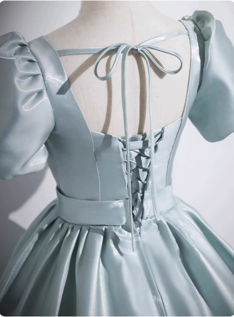 Elegant Light Cyan Square Neck Short Sleeve Satin Long Formal Prom Dress