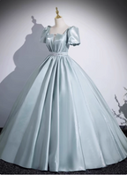 Elegant Light Cyan Square Neck Short Sleeve Satin Long Formal Prom Dress