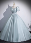 Elegant Light Cyan Square Neck Short Sleeve Satin Long Formal Prom Dress