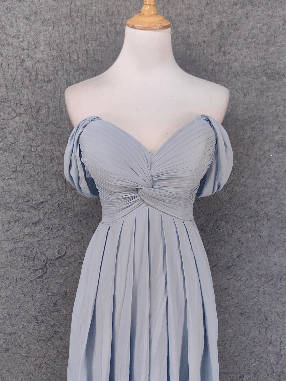 Elegant Light Gray A-Line Off-Shoulder Twist Ruffled Chiffon Long Formal Prom Dress Bridesmaid Dress Secondary image