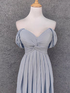 Elegant Light Gray A-Line Off-Shoulder Twist Ruffled Chiffon Long Formal Prom Dress Bridesmaid Dress