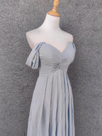 Elegant Light Gray A-Line Off-Shoulder Twist Ruffled Chiffon Long Formal Prom Dress Bridesmaid Dress