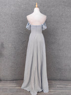 Elegant Light Gray A-Line Off-Shoulder Twist Ruffled Chiffon Long Formal Prom Dress Bridesmaid Dress