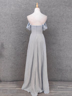 Elegant Light Gray A-Line Off-Shoulder Twist Ruffled Chiffon Long Formal Prom Dress Bridesmaid Dress