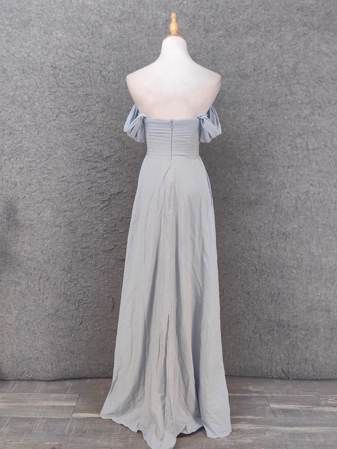 Elegant Light Gray A-Line Off-Shoulder Twist Ruffled Chiffon Long Formal Prom Dress Bridesmaid Dress