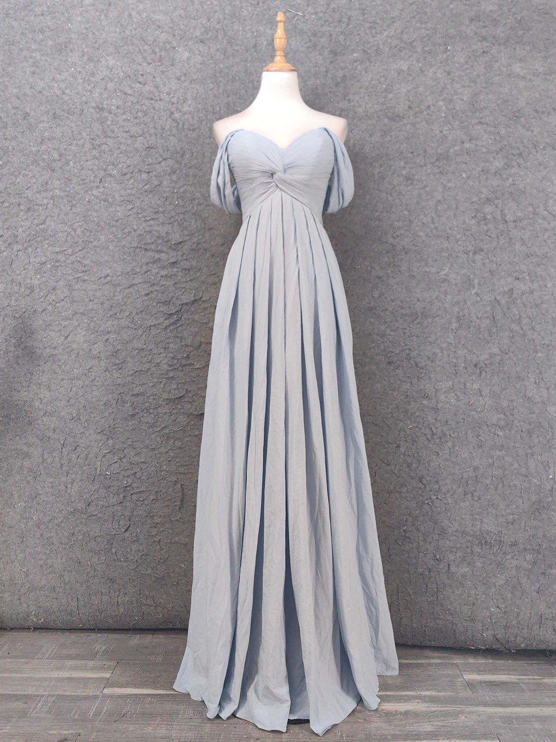 Elegant Light Gray A-Line Off-Shoulder Twist Ruffled Chiffon Long Formal Prom Dress Bridesmaid Dress