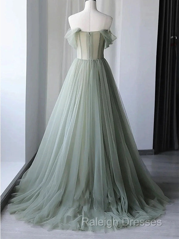 Elegant Light Green A-Line Tulle Off The Shoulder Prom Dresses Long Prom Dresses