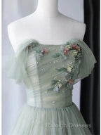 Elegant Light Green A-Line Tulle Off The Shoulder Prom Dresses Long Prom Dresses
