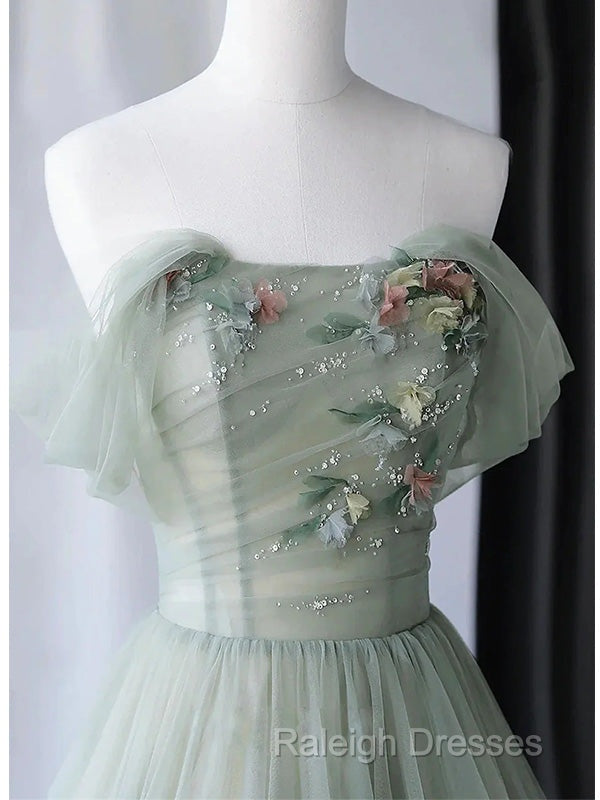 Elegant Light Green A-Line Tulle Off The Shoulder Prom Dresses Long Prom Dresses