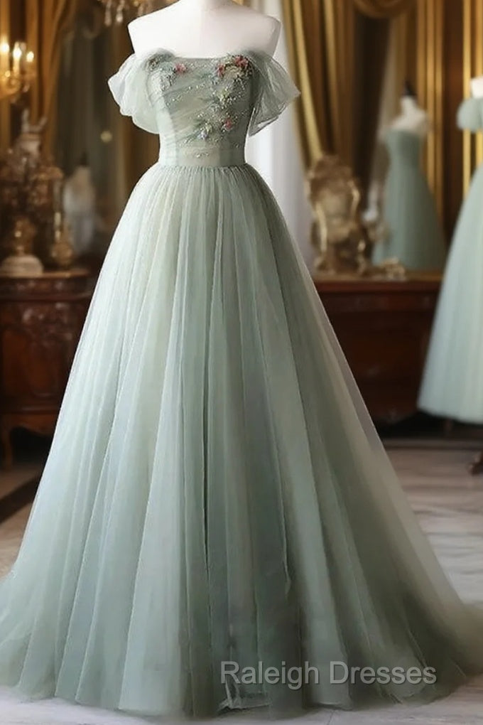 Elegant Light Green A-Line Tulle Off The Shoulder Long Prom Dress Evening Dress, Main image