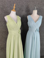Elegant Light Green A-Line V-Neck Sleeveless Ruffled Chiffon Long Formal Prom Dress