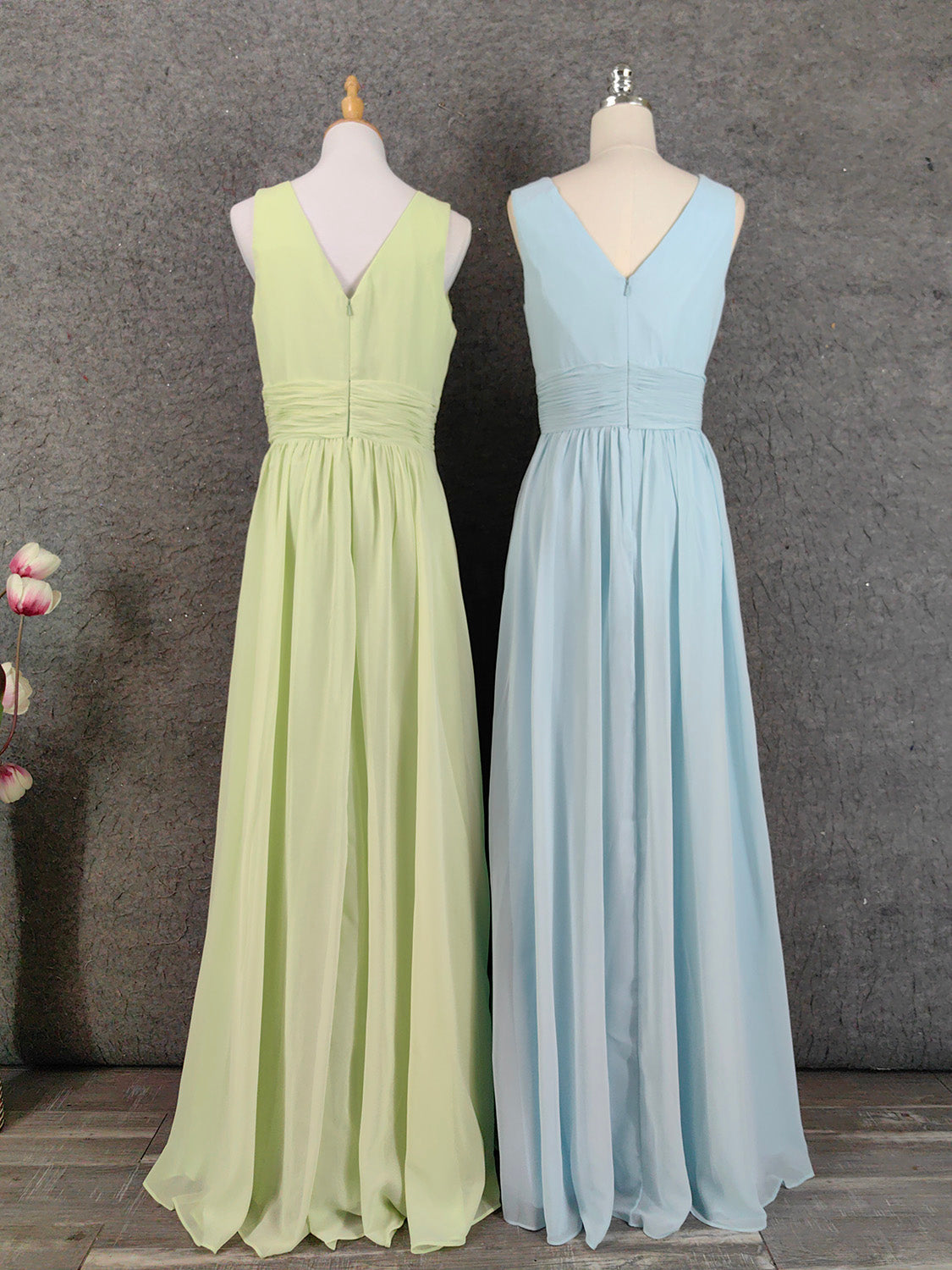 Elegant Light Green A-Line V-Neck Sleeveless Ruffled Chiffon Long Formal Prom Dress