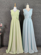 Elegant Light Green A-Line V-Neck Sleeveless Ruffled Chiffon Long Formal Prom Dress