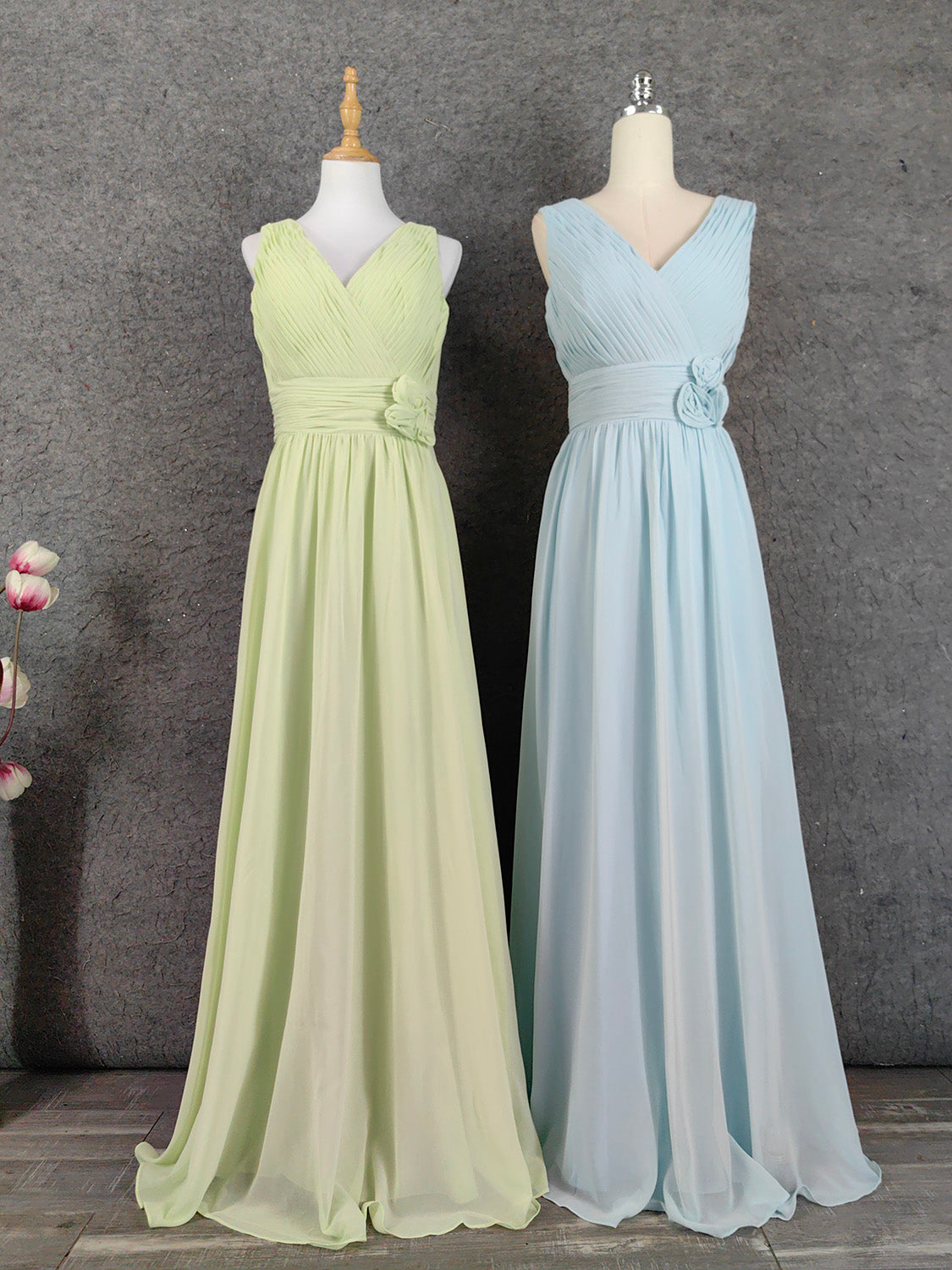 Elegant Light Green A-Line V-Neck Sleeveless Ruffled Chiffon Long Formal Prom Dress