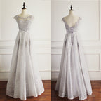Elegant Light Grey Cap Sleeve Lac Prints Organza Appliques  A-Line Lace Up Back Floor Length Bridesmaid Dresses,
