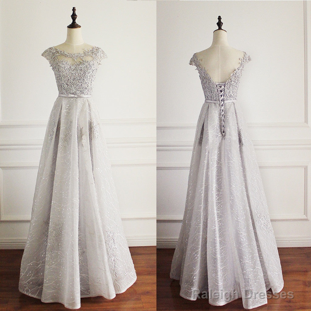 Elegant Light Grey Cap Sleeve Lac Prints Organza Appliques  A-Line Lace Up Back Floor Length Bridesmaid Dresses,