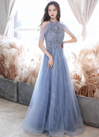 Elegant Light Haze Blue A-Line Halter Cold Shoulder Tulle Long Formal Prom Dress