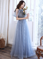 Elegant Light Haze Blue A-Line Halter Cold Shoulder Tulle Long Formal Prom Dress