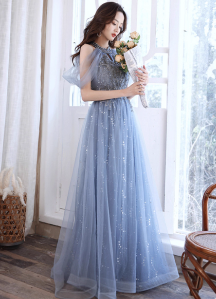Elegant Light Haze Blue A-Line Halter Cold Shoulder Tulle Long Formal Prom Dress