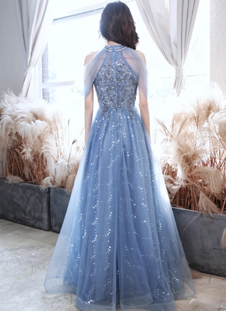 Elegant Light Haze Blue A-Line Halter Cold Shoulder Tulle Long Formal Prom Dress