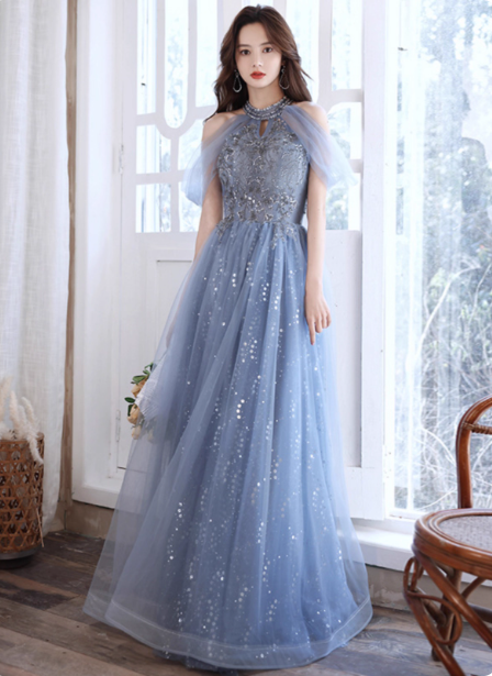 Elegant Light Haze Blue A-Line Halter Cold Shoulder Tulle Long Formal Prom Dress