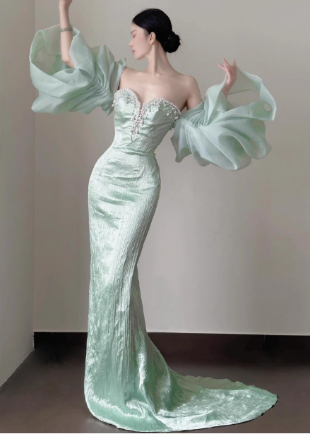Elegant Light Mint Green Mermaid Sweetheart Neck Pearl Backless Shiny Satin Train Formal Prom Dress Secondary image