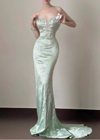 Elegant Light Mint Green Mermaid Sweetheart Neck Pearl Backless Shiny Satin Train Formal Prom Dress