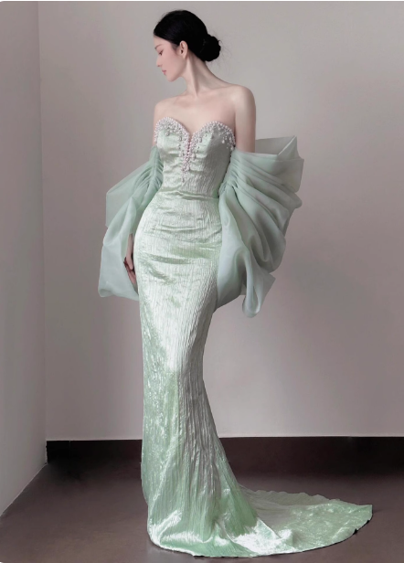 Elegant Light Mint Green Mermaid Sweetheart Neck Pearl Backless Shiny Satin Train Formal Prom Dress Main image