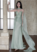 Elegant Light Mint Green Sweetheart Neck 3D Floral Split Chiffon Formal Prom Dress