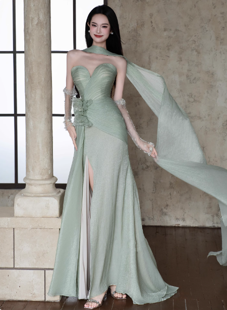 Elegant Light Mint Green Sweetheart Neck 3D Floral Split Chiffon Formal Prom Dress