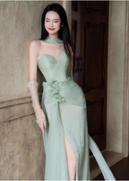 Elegant Light Mint Green Sweetheart Neck 3D Floral Split Chiffon Formal Prom Dress