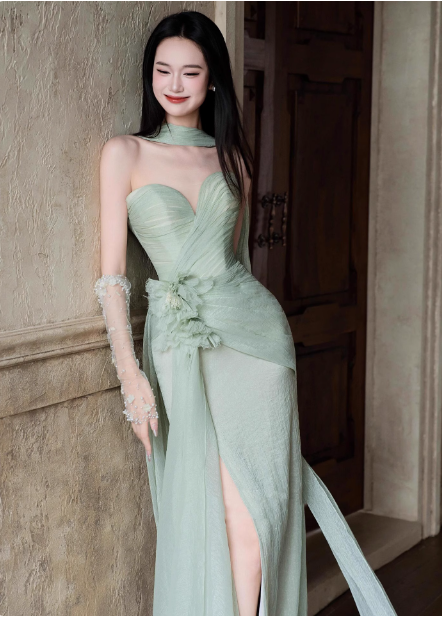 Elegant Light Mint Green Sweetheart Neck 3D Floral Split Chiffon Formal Prom Dress