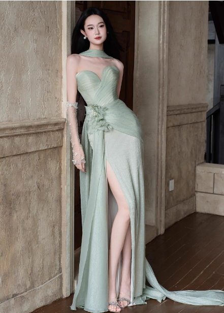 Elegant Light Mint Green Sweetheart Neck 3D Floral Split Chiffon Formal Prom Dress Main image