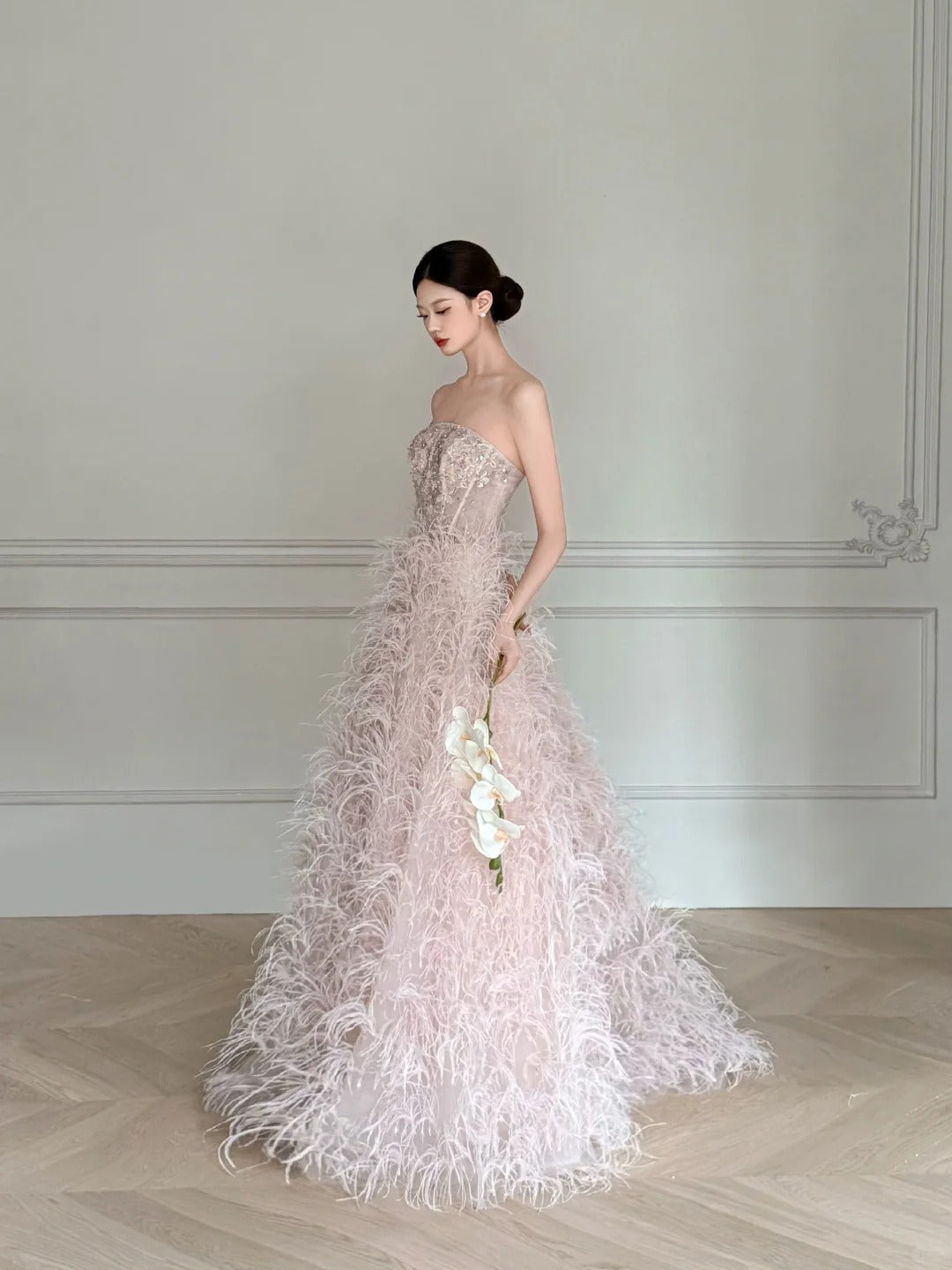 Elegant Light Pink A-Line Strapless Feather Long Formal Prom Dress