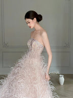 Elegant Light Pink A-Line Strapless Feather Long Formal Prom Dress