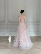 Elegant Light Pink A-Line Strapless Feather Long Formal Prom Dress