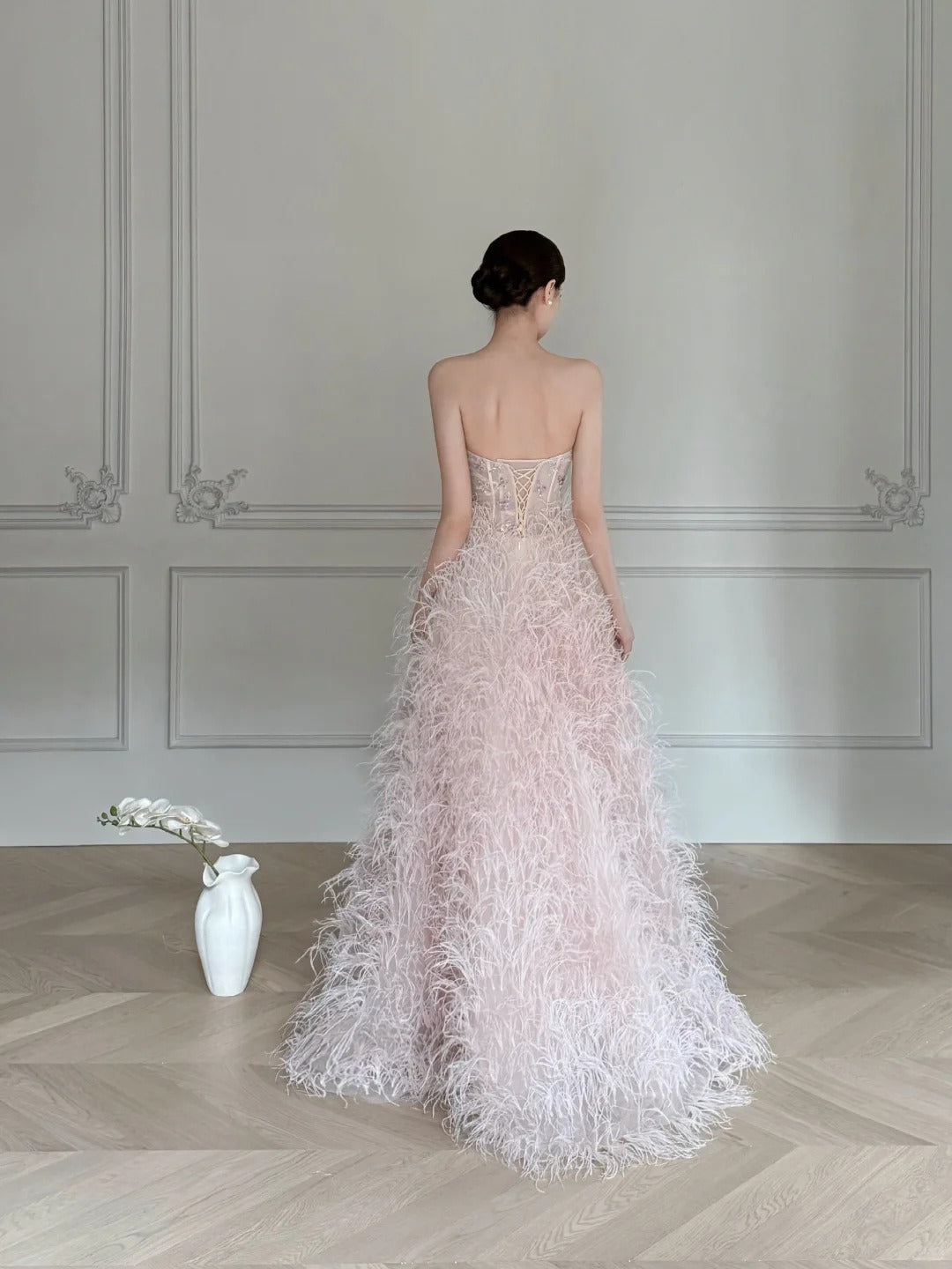 Elegant Light Pink A-Line Strapless Feather Long Formal Prom Dress