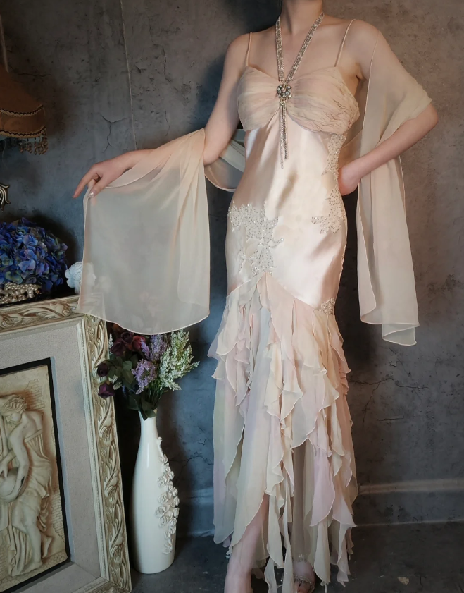 Elegant Light Pink Mermaid Beaded Layered Ruffled Satin Formal Prom Dress