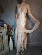 Elegant Light Pink Mermaid Beaded Layered Ruffled Satin Formal Prom Dress