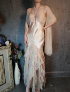 Elegant Light Pink Mermaid Beaded Layered Ruffled Satin Formal Prom Dress