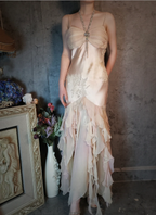 Elegant Light Pink Mermaid Beaded Layered Ruffled Satin Formal Prom Dress