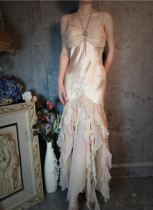 Elegant Light Pink Mermaid Beaded Layered Ruffled Satin Formal Prom Dress