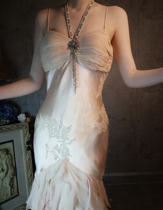 Elegant Light Pink Mermaid Beaded Layered Ruffled Satin Formal Prom Dress