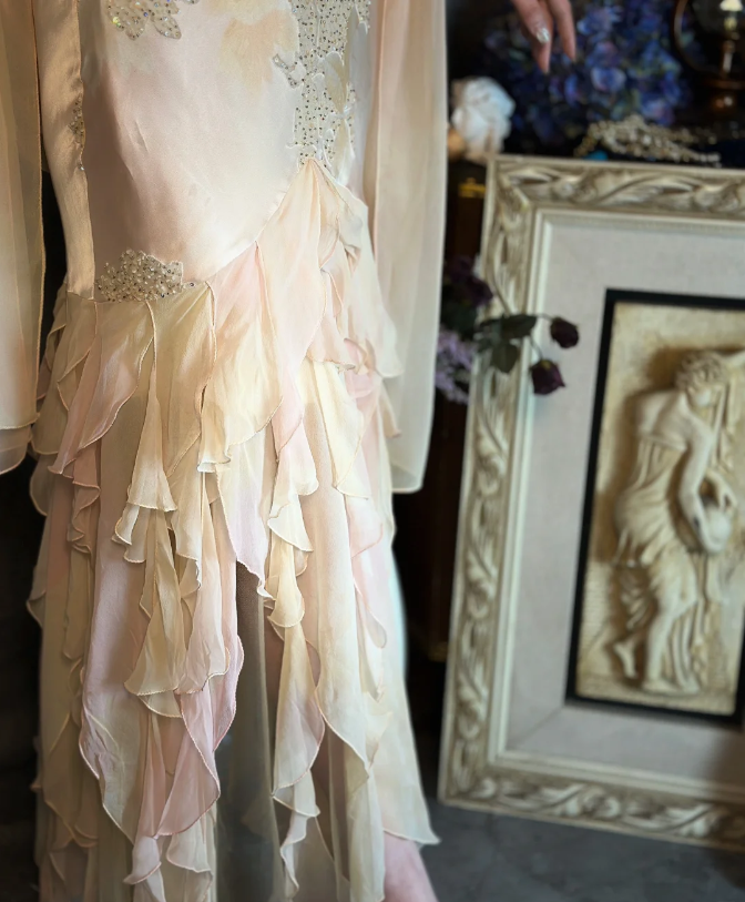 Elegant Light Pink Mermaid Beaded Layered Ruffled Satin Formal Prom Dress