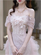 Elegant Light Pink Mermaid Off-The-Shoulder Sequined Sheer Tulle Long Formal Prom Dress